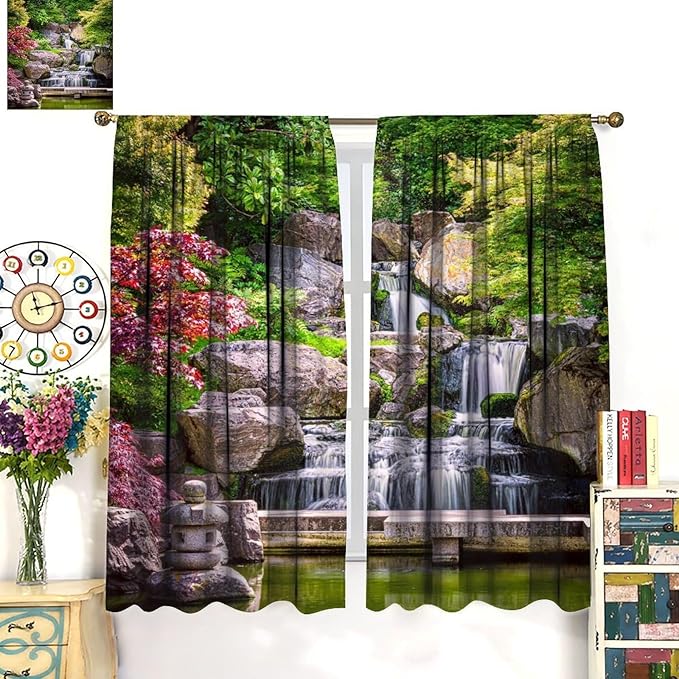 View Waterfall Blackout Curtains, Forest Waterfall Retro Style Natural Scenery Garden Art Landscape Rod Pocket Window Drapes, for Living Room Bedroom 42" W X 45" L