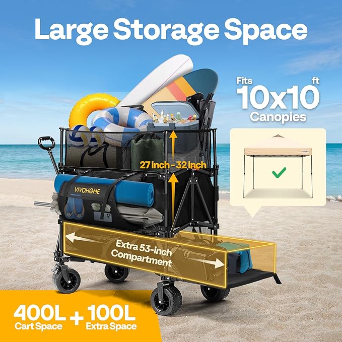 VIVOHOME 500L Large Capacity Double Decker Collapsible Wagon 500lbs Heavy Duty Utility Folding Cart with Big Wheels 53" Extended for Camping, Sports