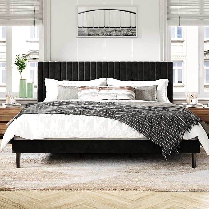 King Size Bed Frame with Velvet Upholstered Headboard, Platform Bed with Strong Wood Slats, Mattress Foundation, Box Spring Optional, Easy Assembly, Black
