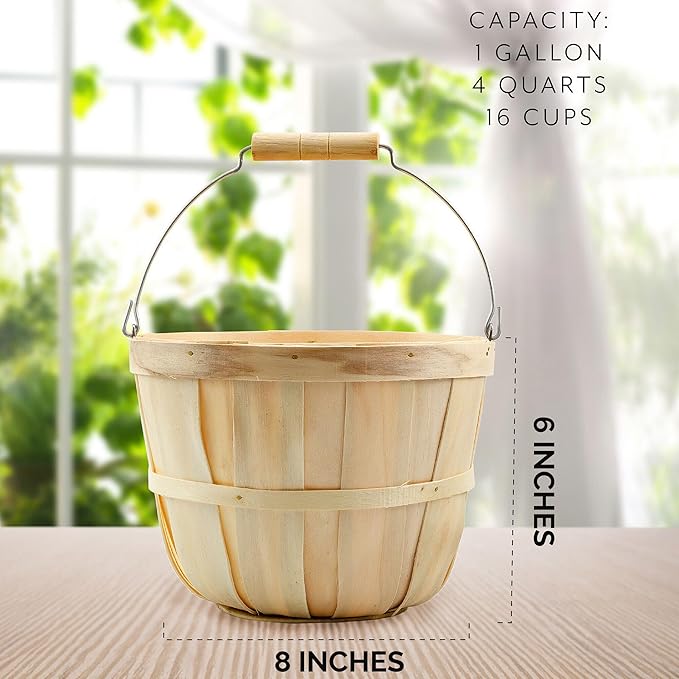 Cornucopia Brands Round Wooden Baskets (2-Pack, Natural); Wood Fruit Buckets w/Handle, 4-Quart Capacity; 6.1 Inch Tall by 8 Inch Diameter