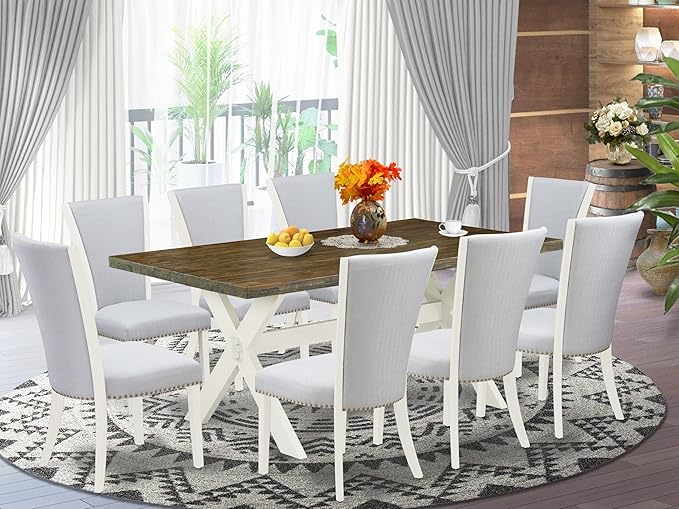 East West Furniture X077VE005-9 9 Piece Modern Dining Table Set Includes a Rectangle Wooden Table with X-Legs and 8 Grey Linen Fabric Parsons Dining Chairs, 40x72 Inch, Multi-Color