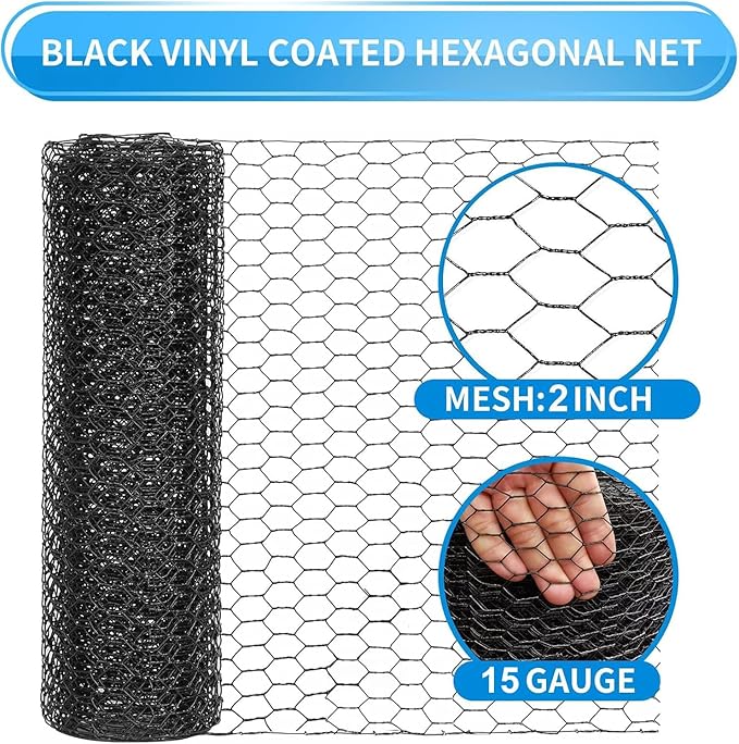 48'' x 100' Black Chicken Wire Mesh Fence, 15 Gauge Poultry Netting and 2 inch Mesh Fence Roll, Chicken Wire for Floral Arrangements/Crafts/Farm/Livestock/Pet Protection