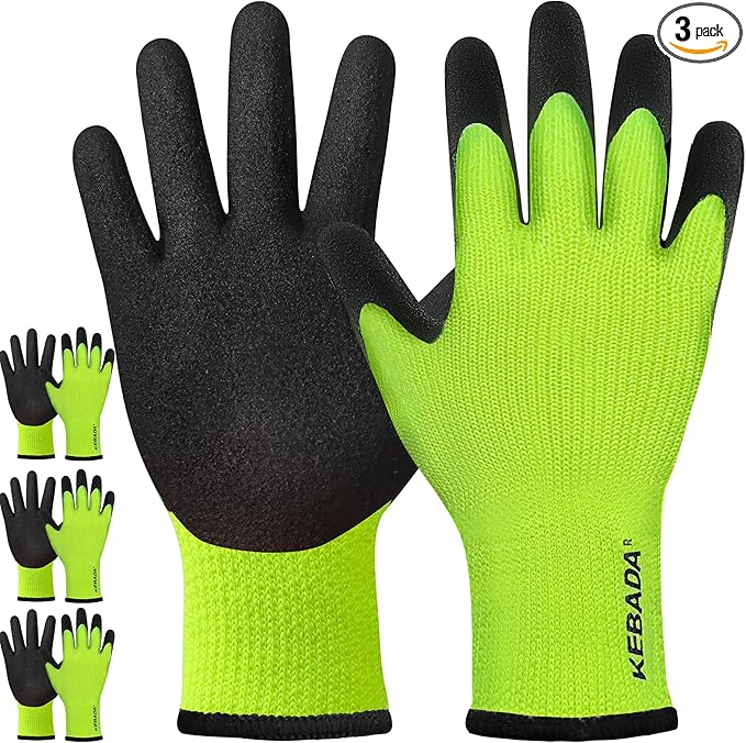 Kebada T3 Winter Work Gloves for Men and Women, Warm Knit Cold Weather Work Gloves, Thermal Insulated Freezer Gloves, 100% Latex Coating Non-slip Grip, Long Wrist Design, 3 Pairs, Green, Small