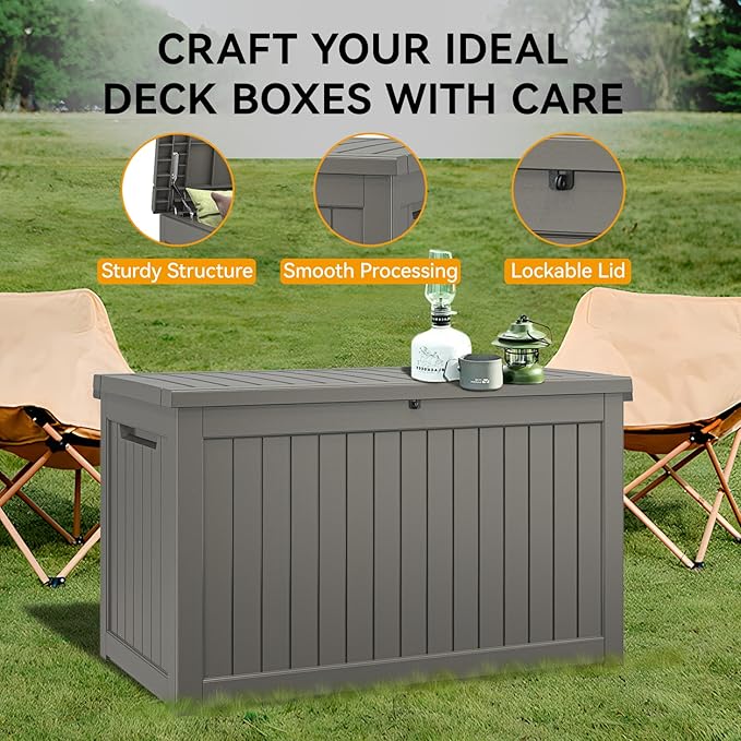 NUNU LAB 230 Gallon Large Resin Deck Box, Waterproof Outdoor Storage Box, Lockable Storage Bin for Patio Furniture, Garden Tools, Pool Accessories, UV-Resistant & All-Weather, Grey