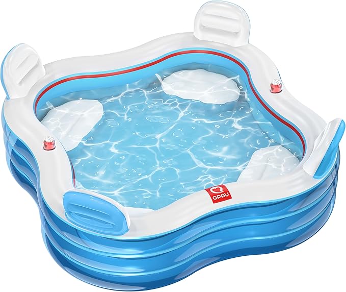 QPAU Inflatable Swimming Pool, Full-Sized Blow Up Pools with Seats and Backrests, Kiddie Pool for Outdoor & Backyard, for Family Summer Time Fun, Jelly Blue