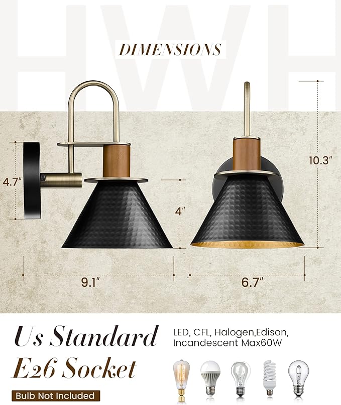 Black Wall Sconce, HWH Industrial Indoor Sconce Light Fixture, Single Wall