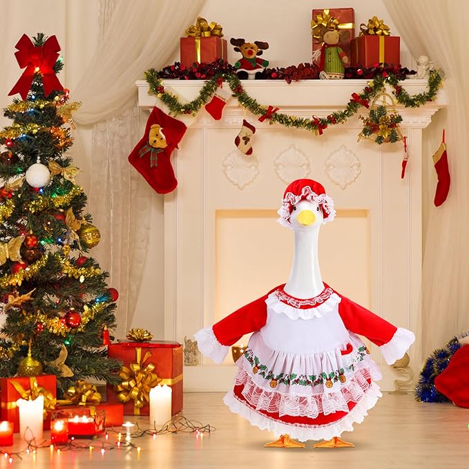 2 Pcs/Set Christmas Mrs. Claus Porch Goose Outfits, Lawn Goose Statue Mrs. Claus Costume, Red Green White Christmas Garden Goose Clothes Dress and Hat for 23" High Statue Xmas Holiday Patio Yard Decor