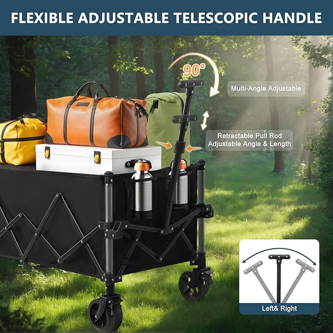 Favoyard Extra Large Collapsible Wagon Carts Foldable 220L & 360LBS Portable Folding Wagons with All-Terrain Wheels & Brakes Heavy Duty Outdoor Utility Carts for Grocery Camping Shopping Sports Garden