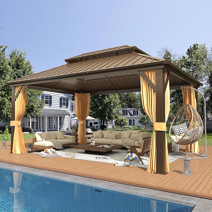EROMMY 12' x 16' Hardtop Gazebo, Aluminum Frame Gazebos with Galvanized Steel Double Roof, Permanent Outdoor Metal Pavilion with Curtain and Netting for Patio, Lawn, Deck