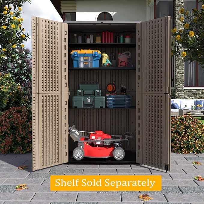 HOMSPARK Storage Shed Weather Resistance, Multi-Purpose Outdoor Storage Cabinet Waterproof, Outdoor Storage Cabinet for Garbage Cans, Lawnmower, Garden Accessories (Coffee, Tall shed-53 cu ft)