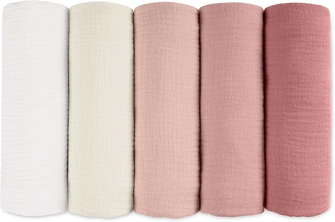 Muslin Receiving Blankets, Neutral Blanket Swaddling for Newborn Boys and Girls, 5 Pack Breathable and Skin-Friendly Swaddle Wrap for Infant Baby (Sweet Colors)