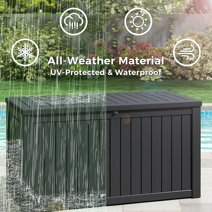 150 Gallon Resin Deck Box, Large Indoor and Outdoor Storage Box, Weatherproof and UV Resistant Outdoor Storage Box with Built-in Steel Beams for Patio, Cushions, Pool Supplies