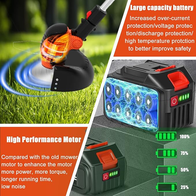 Electric Weed Wacker Eater Cordless Battery Powered, Weed Trimmer 4.0Ah Lightweight No-String with 2 Battery Operated & Wheels, 3 in 1 Stringless Grass Trimmer/Edger/Brush Cutter for Garden Yard Lawn