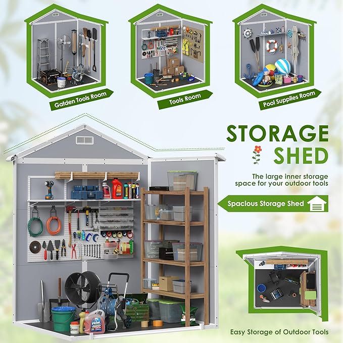 JUMMICO Outdoor Storage Shed, 6 x 4 FT Resin Shed with Floor and Lockable Door, Plastic Garden Tool Outside Sheds for Patio Backyard Lawn
