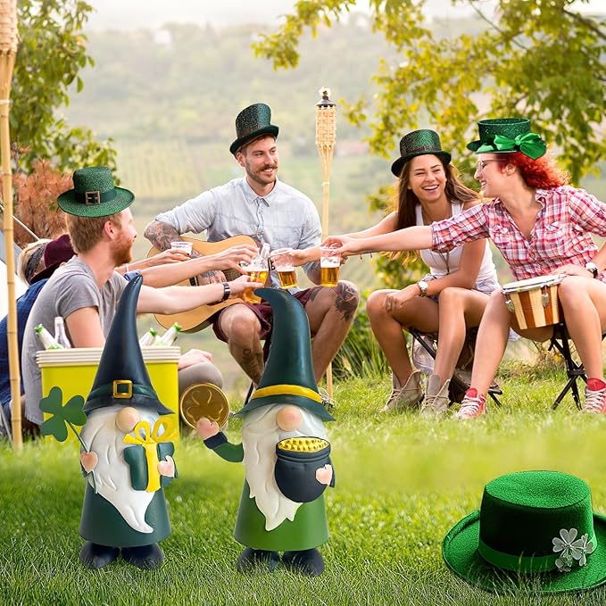 HONGLAND St. Patricks Day Decorations Outdoor Green Gnomes, Metal Gnomes Figurine Irish Leprechaun St Patricks Day Decor, Luck Shamrock Gnome for Home Outside Garden Lawn Party Yard Patio (14 INCH)