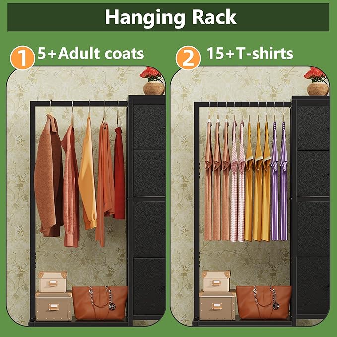 Dresser with Hanging Rack, 4 Drawers Small Closet for Bedroom, Reversible Fabric Kids Chest of Drawers with Clothes Rack, Tall Storage Tower, Sturdy Frame, Black, 44''H