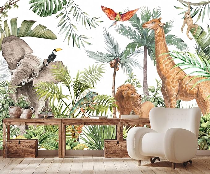 Kids Safari Giraffe Wallpaper Tropical Palm Tree Jungle Forest Plants and Animals Wall Mural for Nursery Living Room Bedroom Dining Room Basement(Not Self-Adhesive)