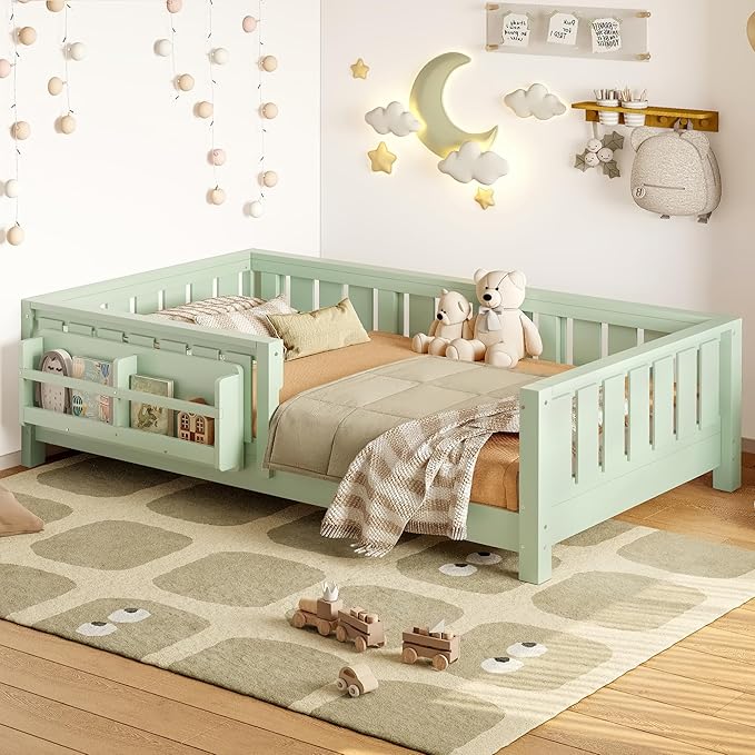 Bellemave Twin Floor Bed with Slats and Safety Guardrail, Twin Size Montessori Floor Bed with Fence and Built-in Bookshelf, Easy Assemble Montessori Beds for Kids, Girls, Boys, Green
