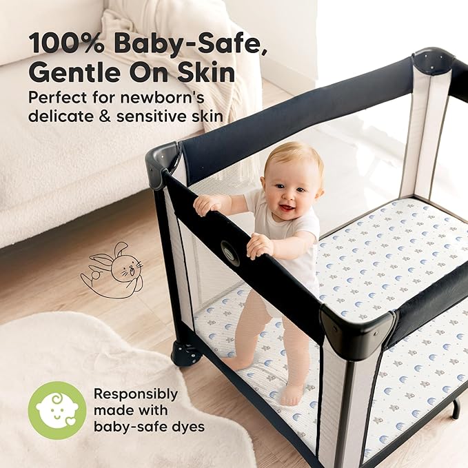Pack and Play Sheets Fitted - 2-Pack Mini Crib Sheets for Pack N Play Mattress 38x26, Soft & Cozy, Neutral Toddler Playard Bedding, Snug Fitted Mini Baby Crib Mattress Cover Boy, Girl (Cosmo)