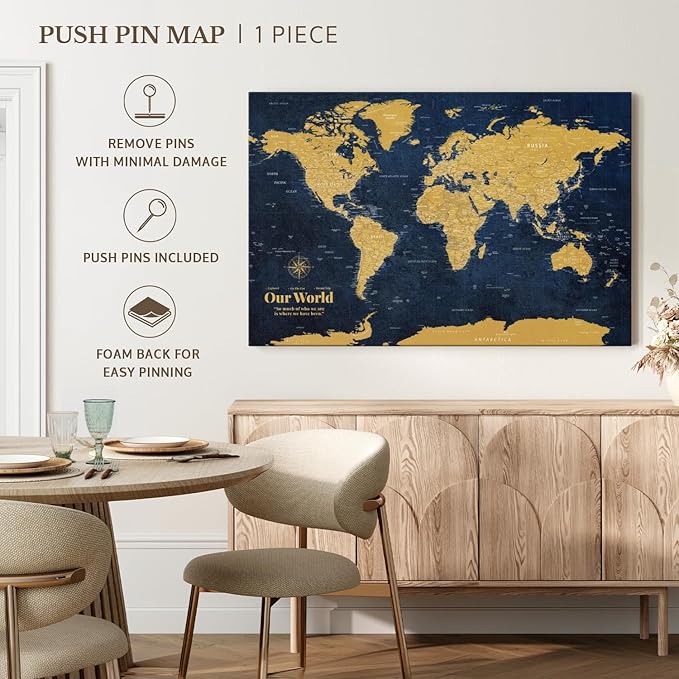 ElephantStock - Personalized Push Pin World Map - Gold Wall Art - Horizontal Canvas Wall Art - Living Room Wall Decor - Digital Art Map Canvas Art - Orange And Blue Decor - 30" x 20"