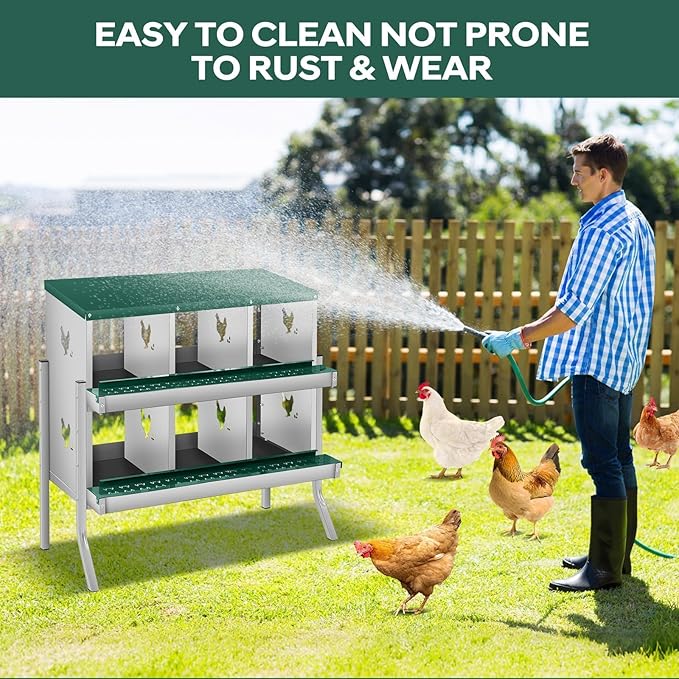 Nesting Boxes for Chickens, 3 Compartments, Nesting Boxes with 4 Dummy Eggs and 10 Dampproof Pets Mats, Green, Stainless Steel, Wall-Mountable & Roll Away Design with Stand