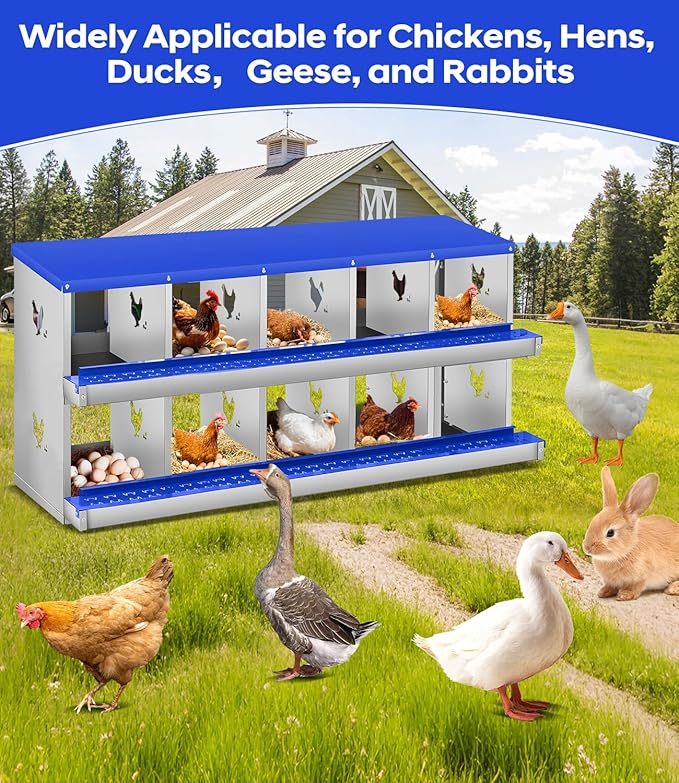 Chicken Nesting Box,10 Compartments Nesting Box for Chickens, Two-Tier Galvanized Metal Wall Mount Chicken Egg Laying Box with Large Vented Holes for Easy Egg Collection ﻿