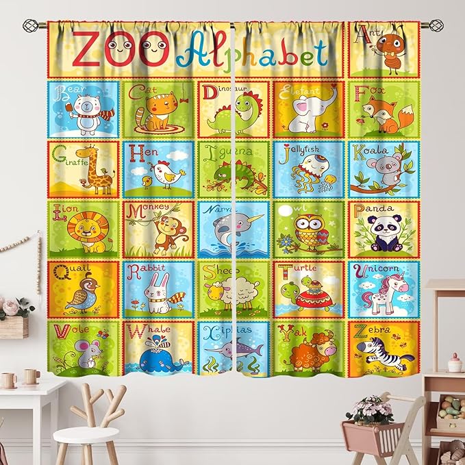 Alphabet Curtains Kids Educational Learning Tool Baby Cartoon Animals Colorful Curtain with Rod Pocket for Bedroom Living Room Decor Drapes Window Treatments 2 Panels Set 42" W X 45" L