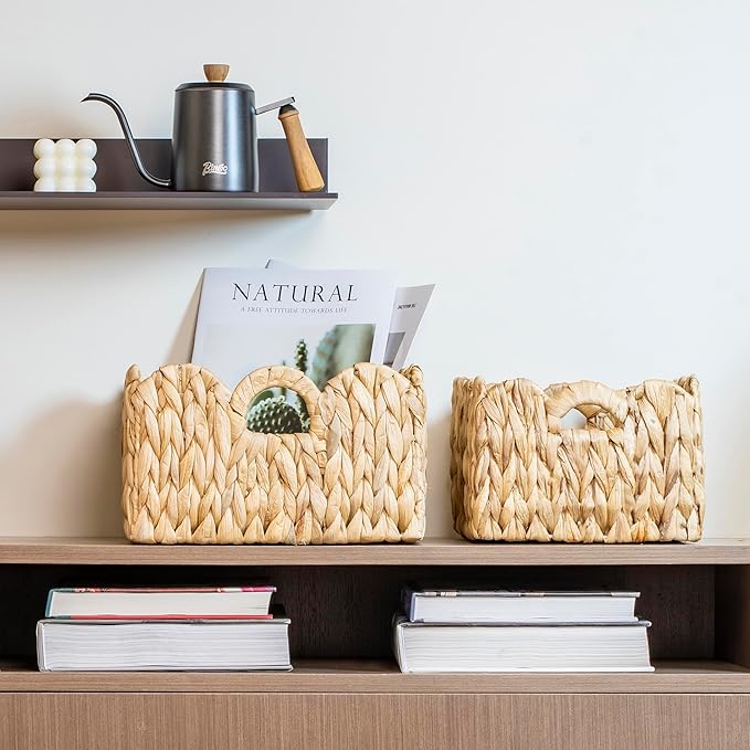 Scalloped Basket Wicker & Rattan Storage Basket with Built-in Handles, Large Woven Water Hyacinth for Nursery & Bathroom Organization 2 Pack