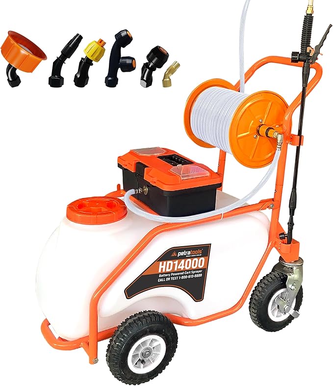PetraTools 14 Gallon Push Cart Battery Powered Sprayer - Weed Sprayer for Lawn & Garden with 7 Nozzles, 90 PSI Electric Pump, Off Road Wheels, Battery Operated (HD14000 Prime - Large Cart)