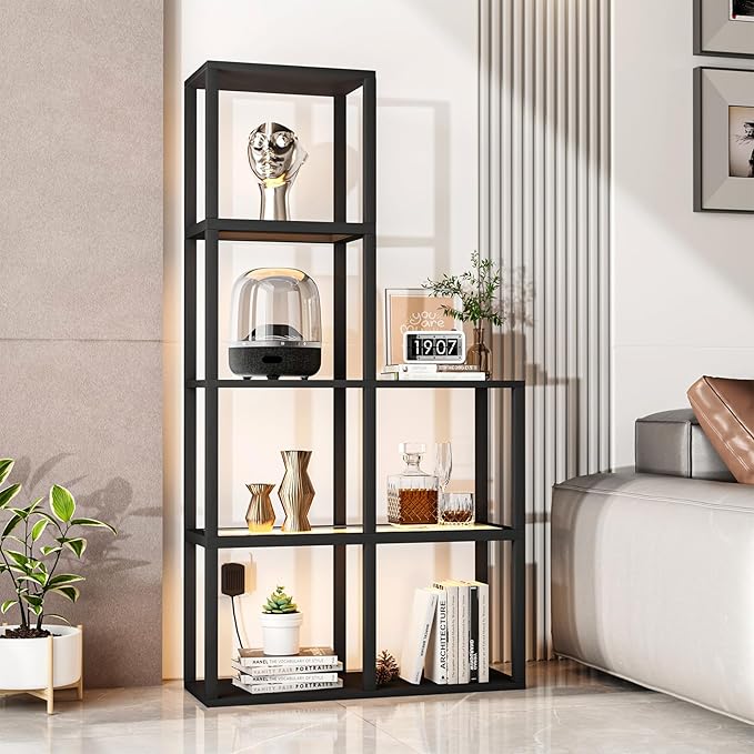 Display Shelf with LED Light Standing Floor Lamp with Glass Storage Shelves