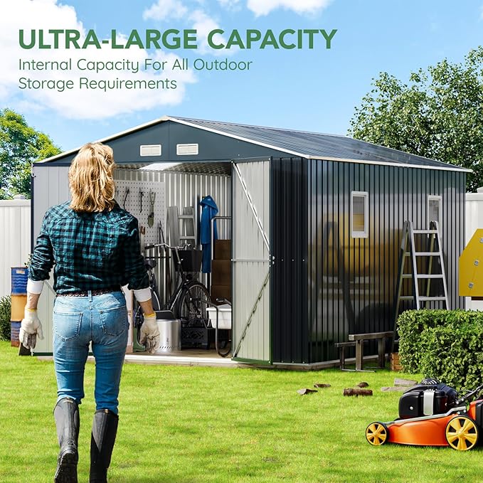 10X12X7.5 FT Outdoor Steel Storage Shed with Lockable Doors, 2 Windows, Transparent Roof Panels, Metal Frame Floor (Wood Panels Not Included), Ideal for Backyard, Patio Storage,Chicken Coop