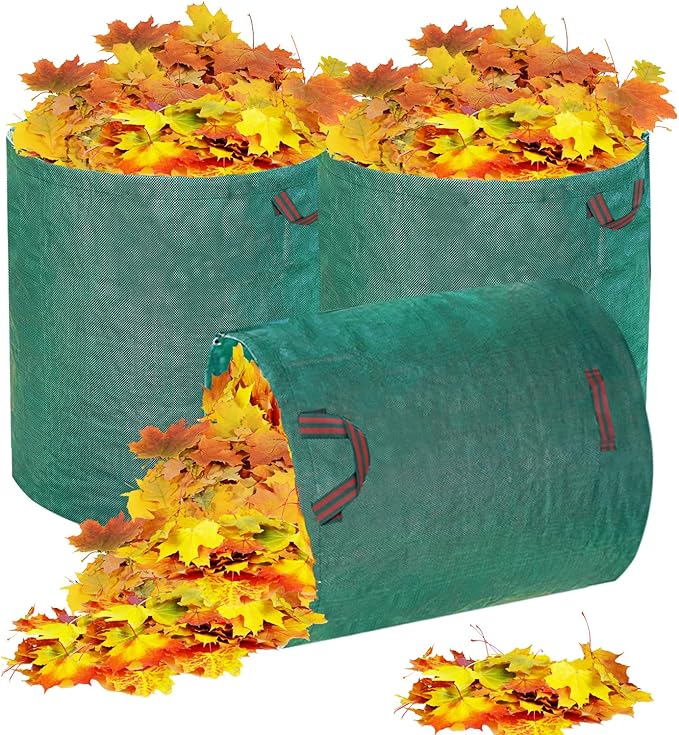 Hugeleaf 3 Pack Reusable Yard Waste Bags, 132 Gallon Extra Large Heavy Duty Lawn and Leaf Bags with Reinforced Handles, Standable Yard Bags for Lawn Leaves and Waste Collection