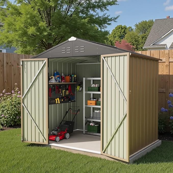 Greesum 8×6FT Outdoor Storage Shed, Metal Patio Storaged Sheds with Lockable Doors, Sheds & Outdoor Storage for Bike, Backyard, Pool and Garden, Brown