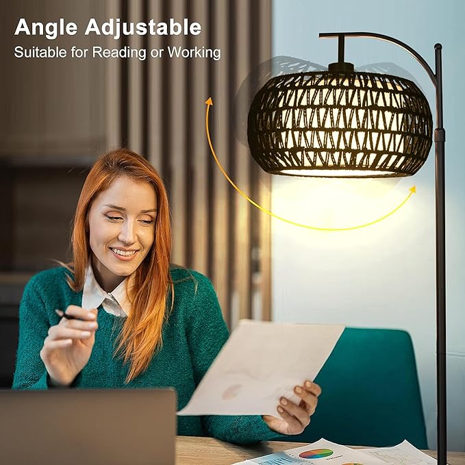 Arc Floor Lamp with 3 Color Temperatures, Boho Standing Lamp with Rattan Wicker