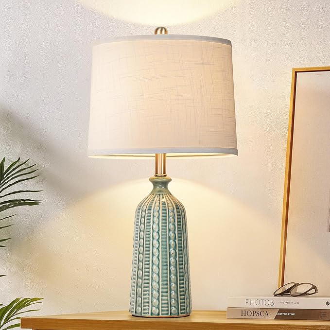 Green Ceramic Table Lamp 24.5": 3-Way Dimmable Nightstand Lamp