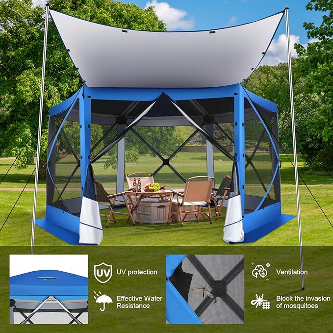 COBIZI 12x12 Pop up Gazebo Screen House Tent for Camping, Outdoor Canopy with Removable Roof & Mosquito Netting, Portable Hub with Carrying Bag and Ground Stakes, Blue