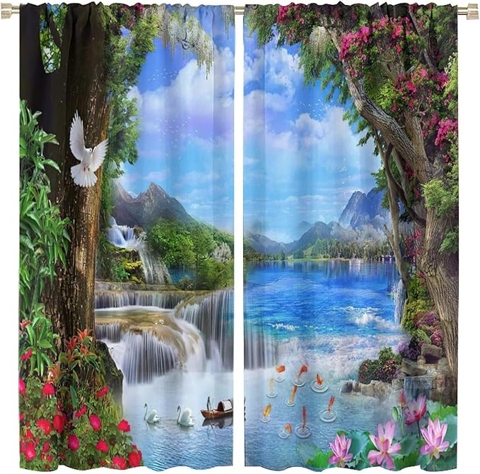 Spring Jungle Waterfall Blackout Window Curtains, Tropical Rainforest Floral Tree Waterfall Landscape Print Window Drapes, for Living Room Bedroom 42x63in 2 Panels