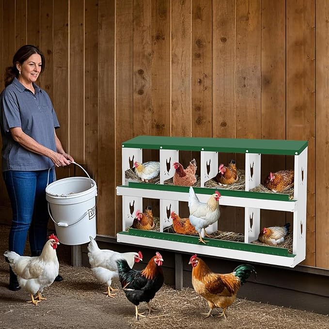 Metal Chicken Nesting Box, 8 Compartments, Rollout Egg Collection, Large Vented Holes, Perch Included, Wall Mount or Free Standing Laying Box for Hens and Chickens - Green