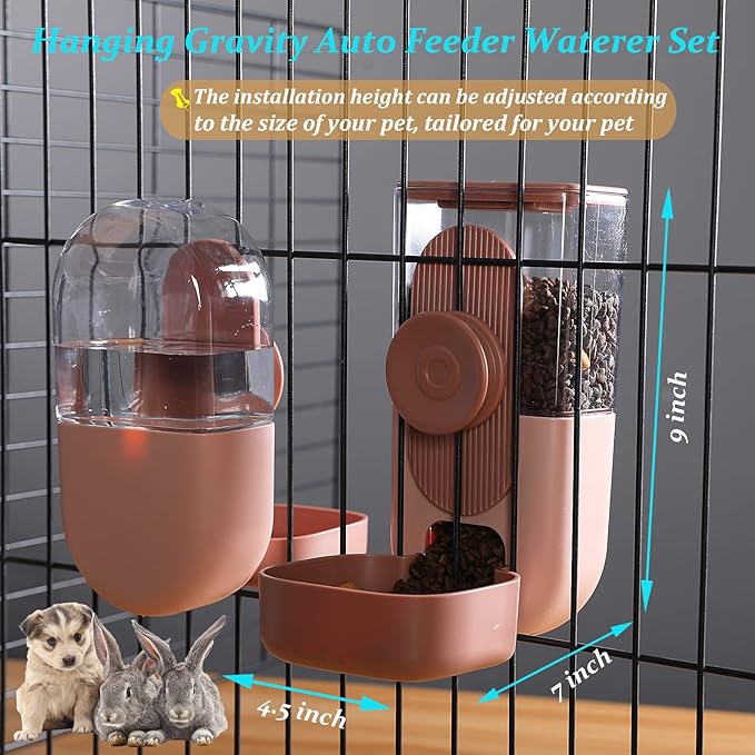 Kenond 35oz Hanging Automatic Pet Food Water Dispenser, Auto Gravity Pet Feeder and Waterer Set, Cage Cat Food Bowl Dog Feeding Station for Puppy and Kitten Rabbit Chinchilla Hedgehog Ferret (Pink)