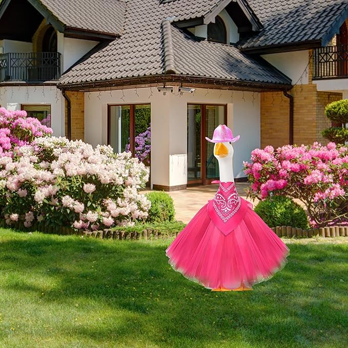 Porch Goose Outfits for 17" & 23" Lawn Goose – Pink Cowgirl Porch Goose Clothes Set with Skirt & Scarf – Western Goose Statue Outfit for Outdoor Porch Decoration