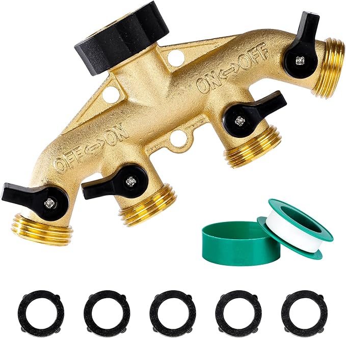 Dalmbox Garden Hose Splitter 4 Way, Water Hose Splitter, 3/4" Heavy-Duty Brass Garden Hose Splitter, Includes 5 Rubber Washers & Teflon Tape(1 pack)