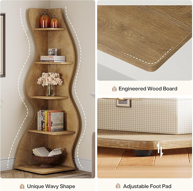 Tribesigns Wavy Corner Shelf, Modern 5-Tier Bookshelf Bookcase with Curvy Shape, Unique Plant Stand Display Rack for Living Room Small Space (Light Brown)