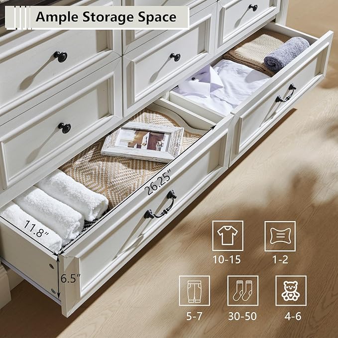 Farmhouse 8 Drawers Dresser for Bedroom, 61" Wide Large Dressers & Chests of Drawers w/Roman Column, Storage Dressers Organizer for Bedroom, Hallway, Living Room, White