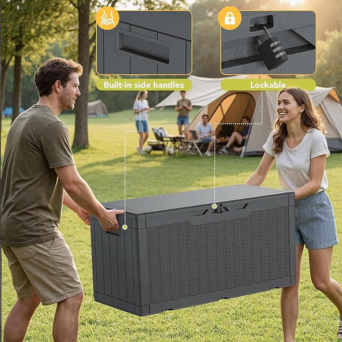 Greesum 100 Gallon Resin Deck Box Lockable Large Outdoor Storage Boxes for Garden Tools, Patio Furniture Cushions, Pool Supplies, Gray