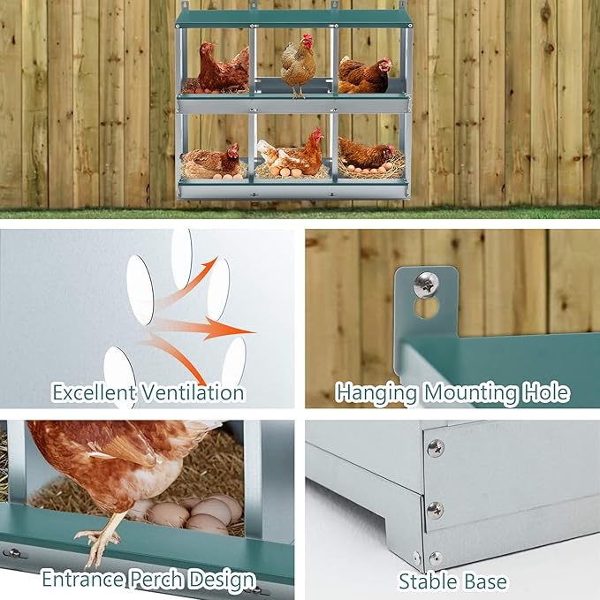 Chicken Nesting Box, 6 Compartment Metal Nesting Boxes for Chicken, Galvanized Steel Nesting Boxes for Hens, Easy to Assemble (6 Holes)