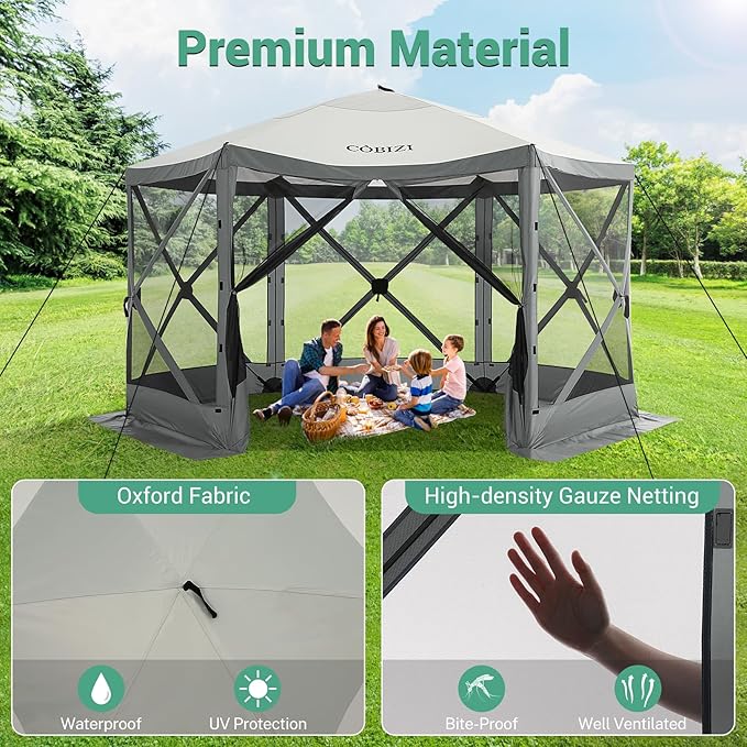 COBIZI 12x12ft Pop up Gazebo Screen Tent Screen House for Camping, Camping Outdoor Screened Gazebo with Mosquito Netting, Portable Hub Tent with Carrying Bag and Ground Stakes, Grey(Upgraded 2.0)