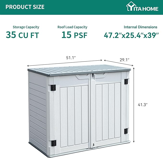 YITAHOME 35 Cu Ft Horizontal Weatherproof Storage Shed Without Shelves, Outdoor Lockable Resin Unit for Tools and Gear, Simple Assembly (Light Gray)