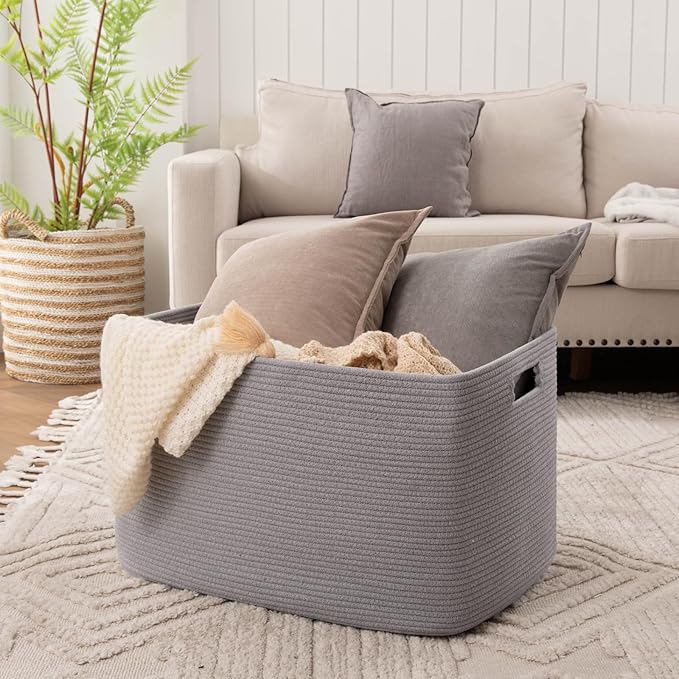 OIAHOMY 118L XXXLarge Cotton Rope Storage Basket, Oversized Blanket Basket, Used for Organizing Dirty Clothes in Living Room, Bedroom, Nursery, Dog Toy Storage Bins, 25" x 17" x 16",Grey