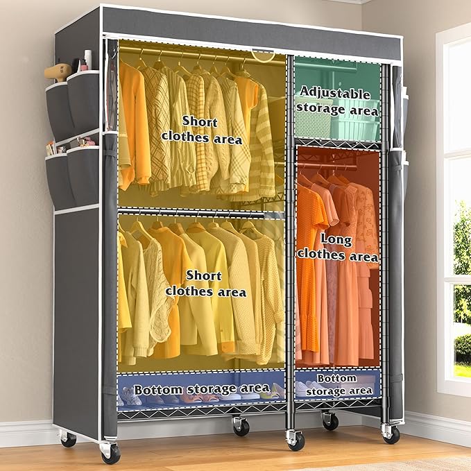 Raybee Clothes Rack with Cover Clothing Racks for Hanging Clothes Heavy Duty Portable Closet with Wheels，Rolling Garment Rack for Bedroom,Black