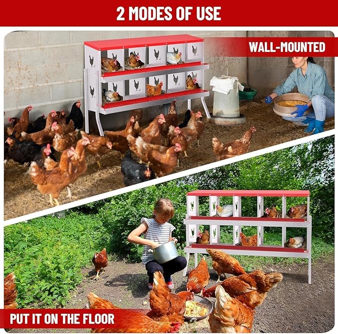 Metal Chicken Nesting Box, 10 Compartments, Rollout Egg Collection, Large Vented Holes, Perch Included, Wall Mount or Free Standing Laying Box for Hens and Chickens - Red with Legs